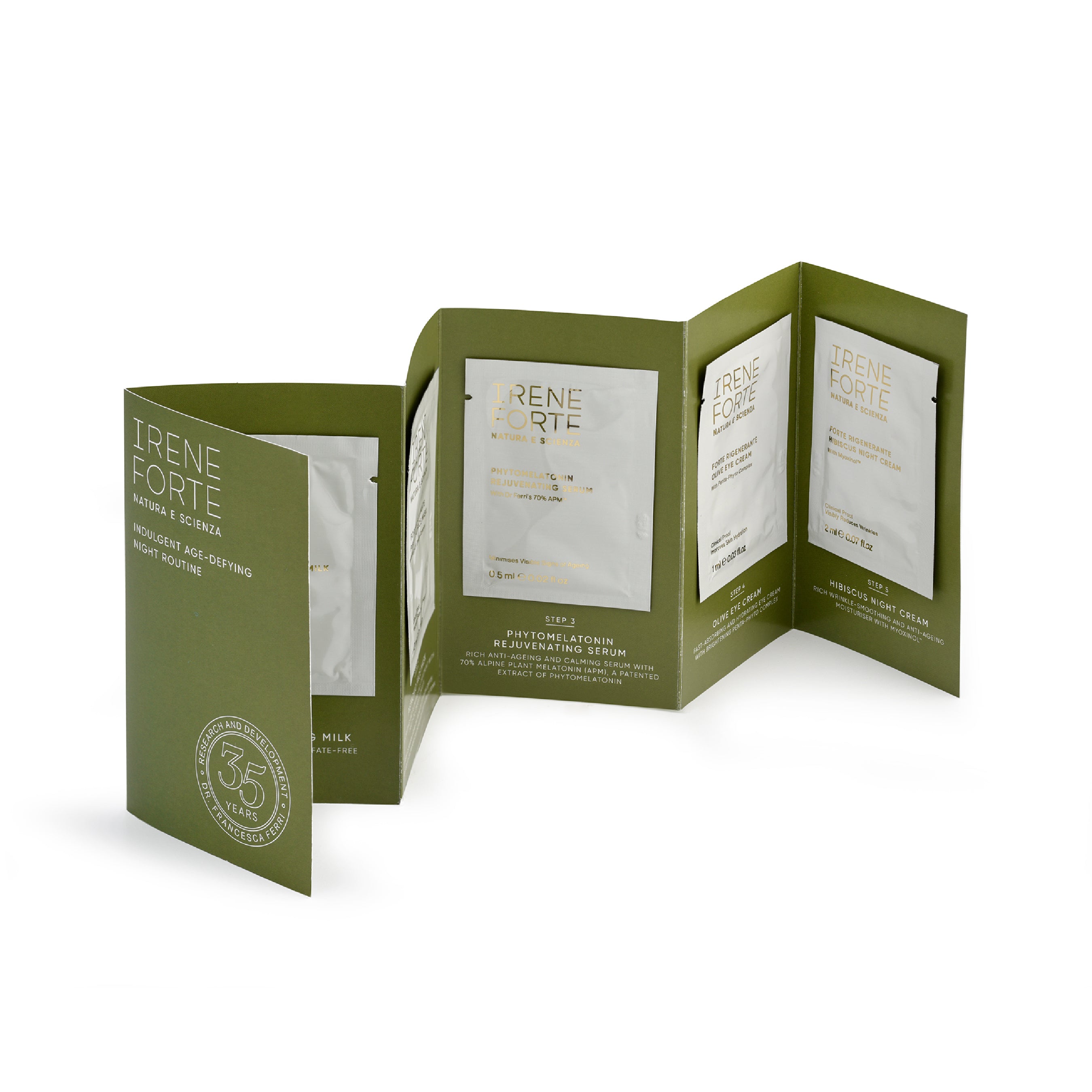 Green packaging of Irene Forte skincare products on a white background