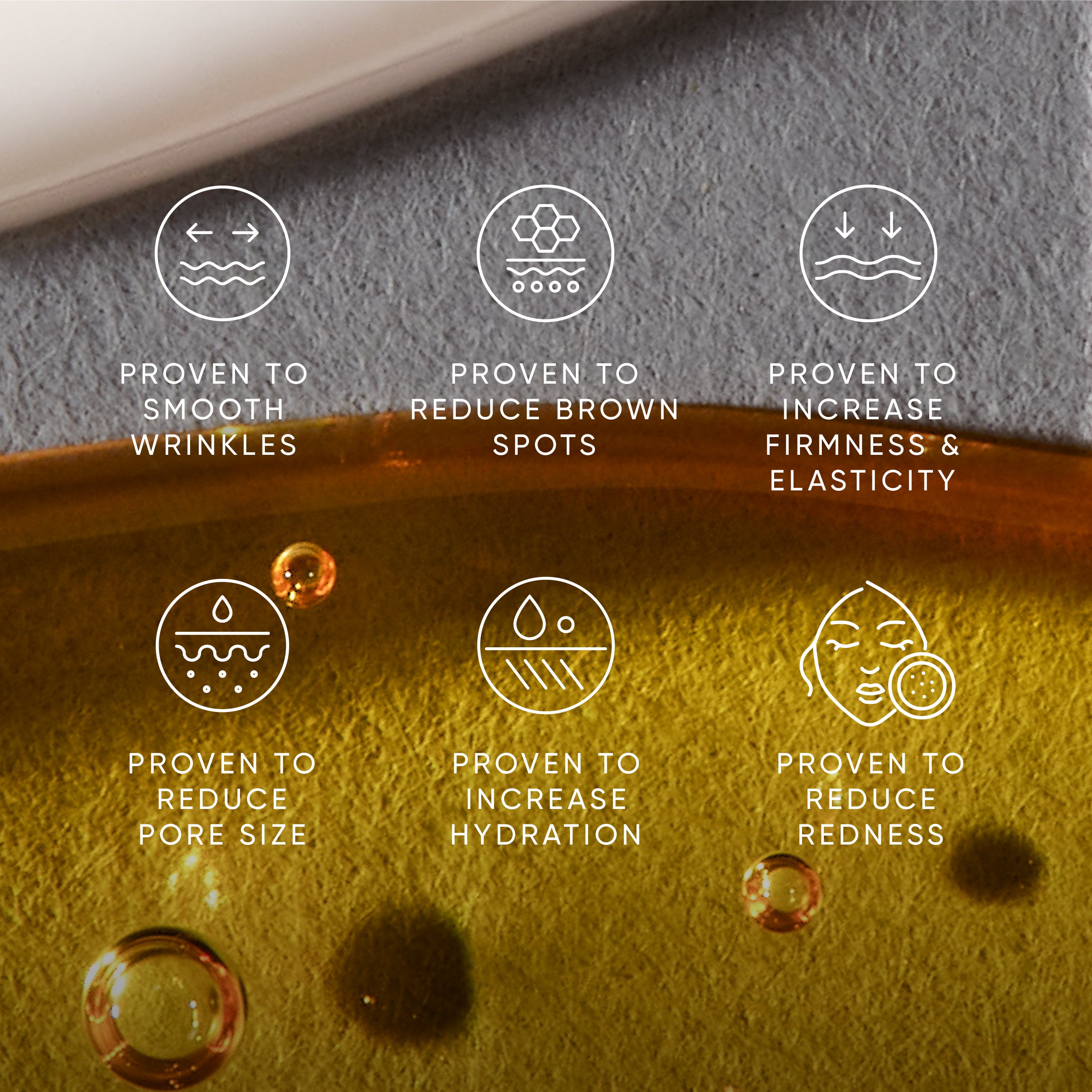 Cosmetic product with icons and text highlighting its benefits on a textured surface.