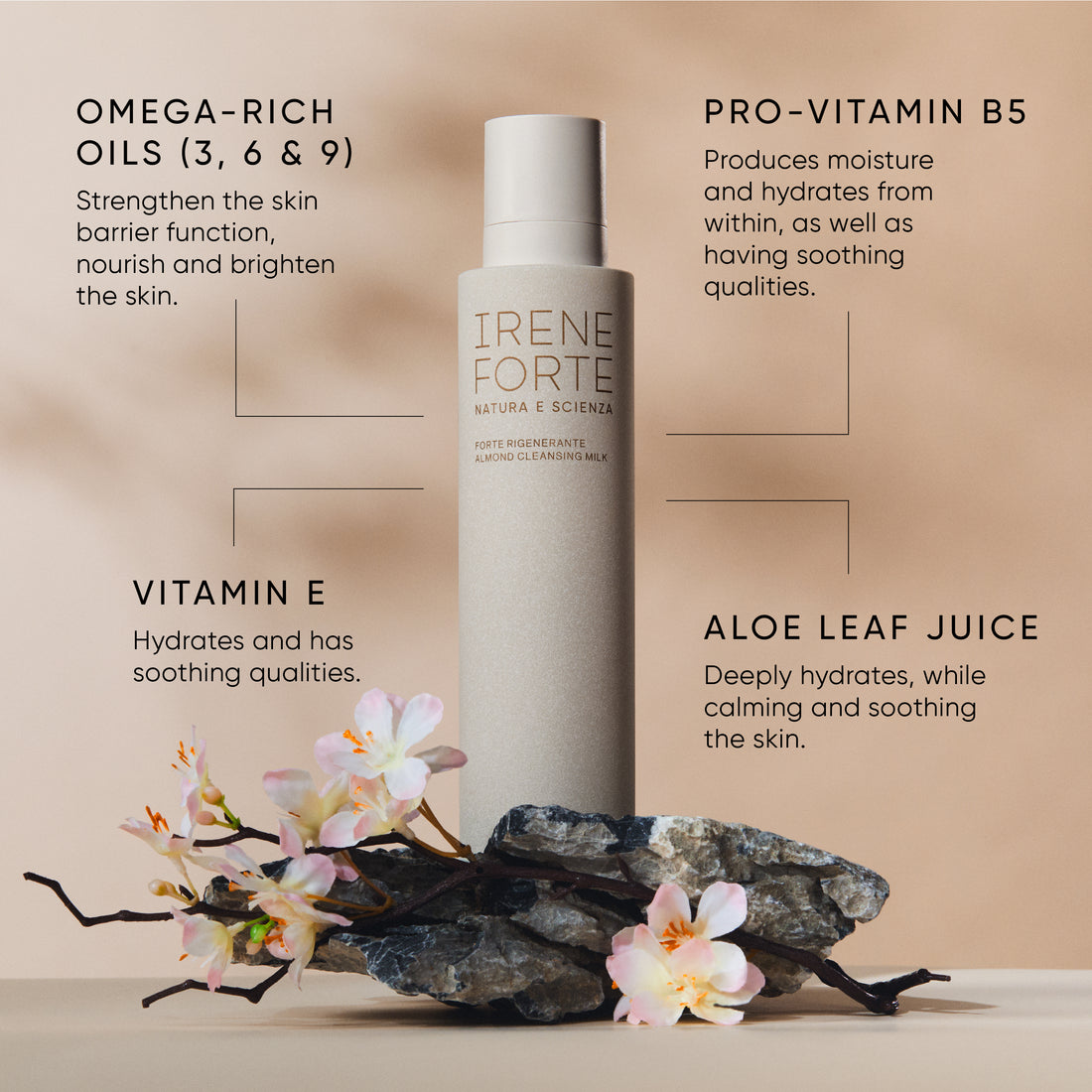 Irene Forte almond cleansing milk bottle and packaging on a white background