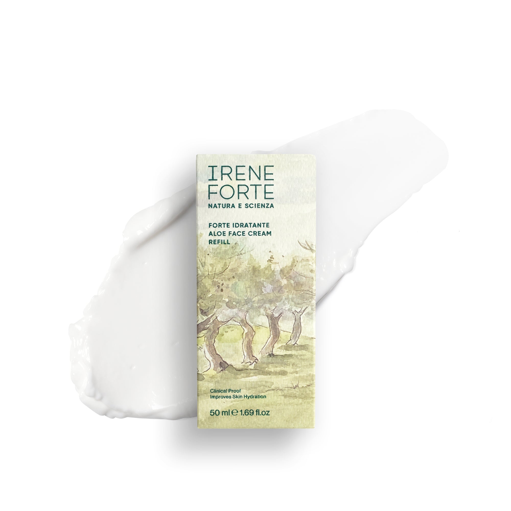 Irene Forte aloe face cream refill box with eco-friendly packaging labels on a white background