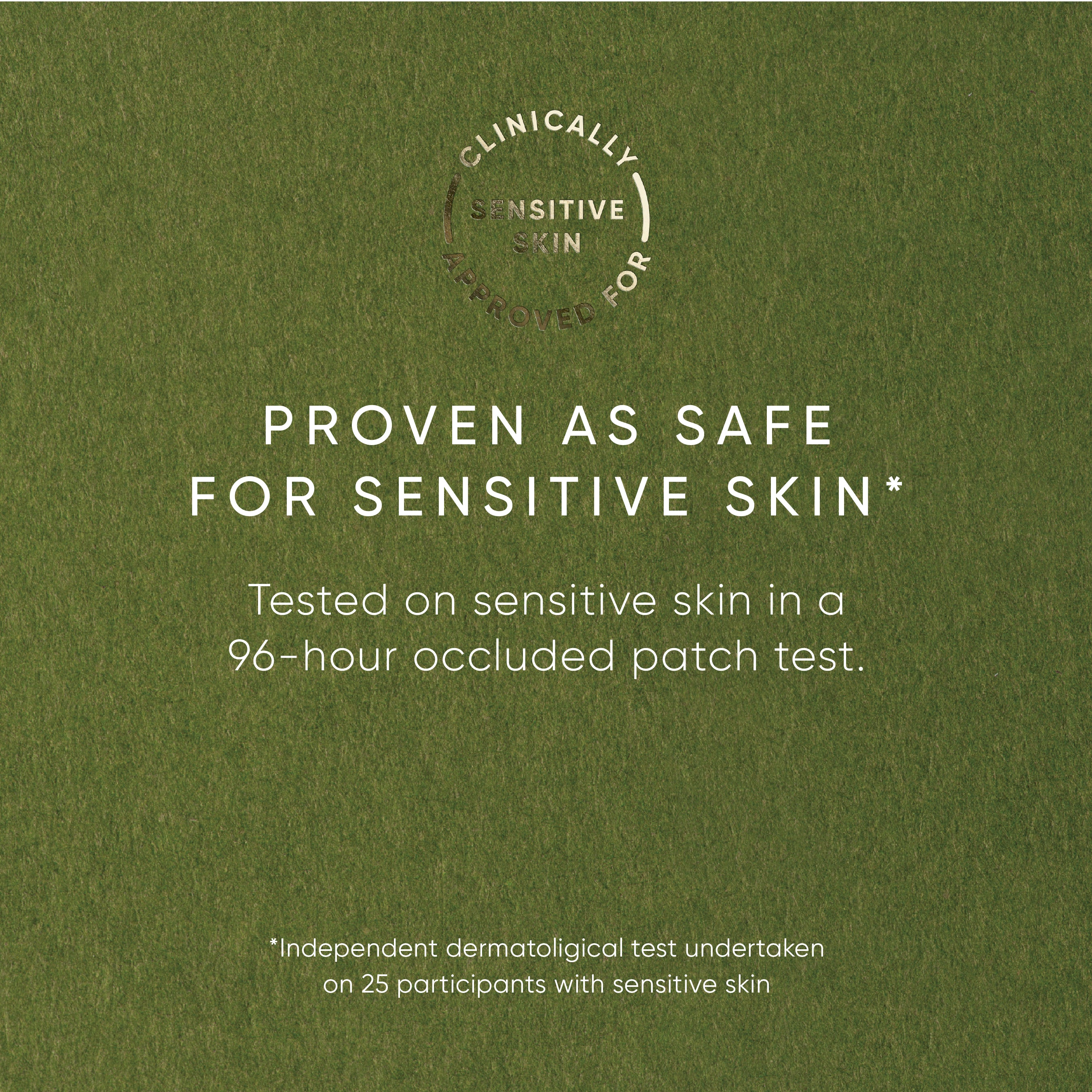 Green background with text about sensitive skin safety and a patch test result.