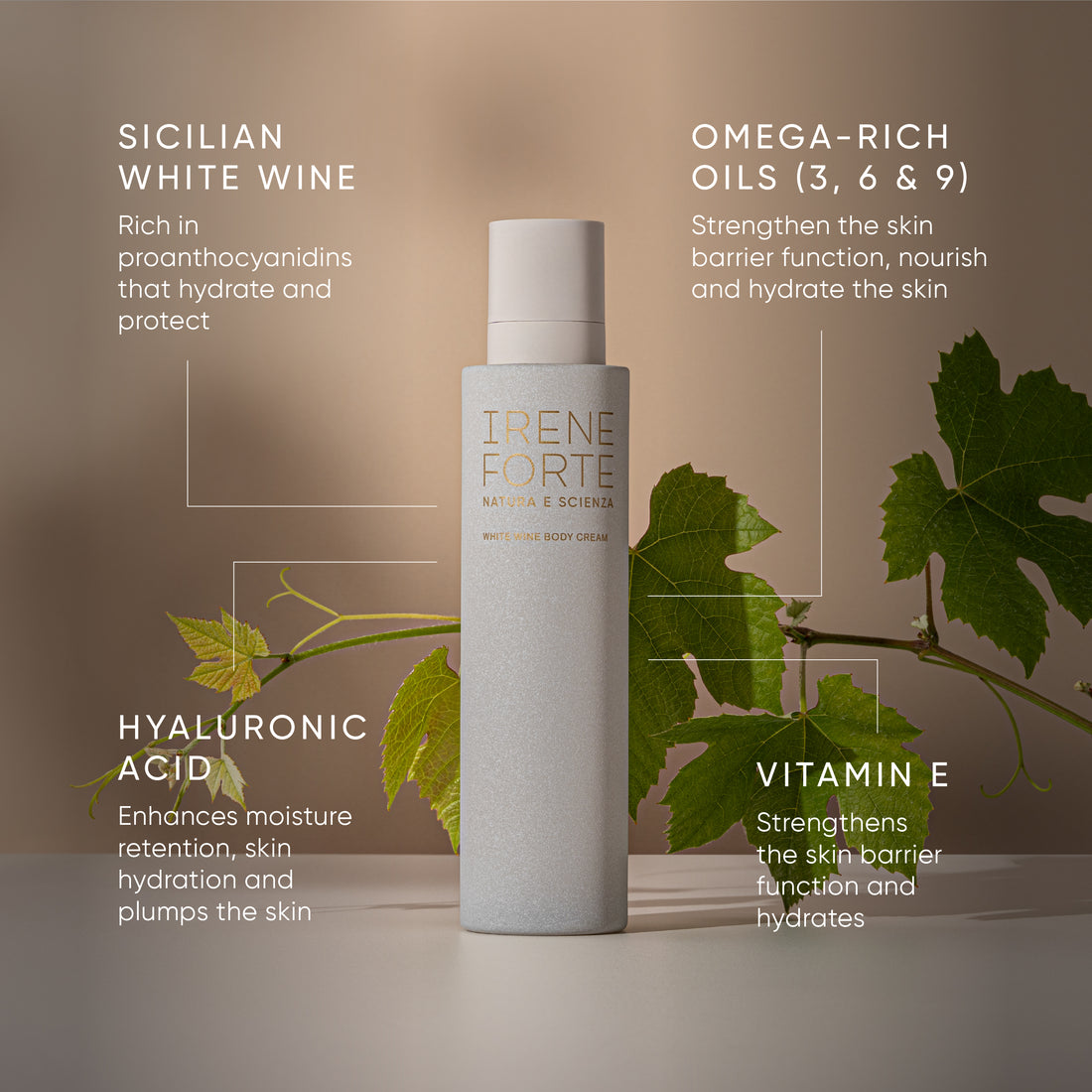 Irene Forte white wine body cream bottle and packaging on a white background
