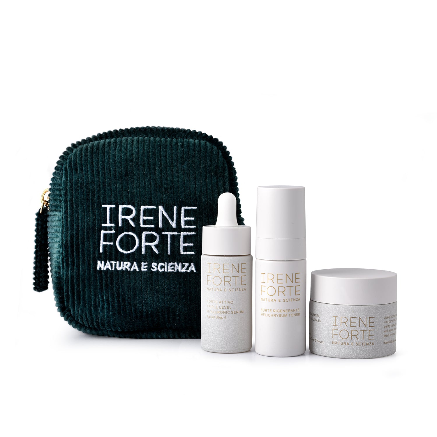 Irene Forte skincare products with a green pouch on a white background