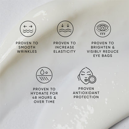 Skincare product with icons and text highlighting its benefits on a white background