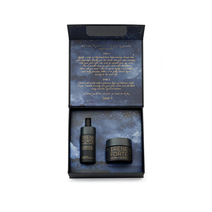 Irene Forte skincare product set in a decorative box with starry night design