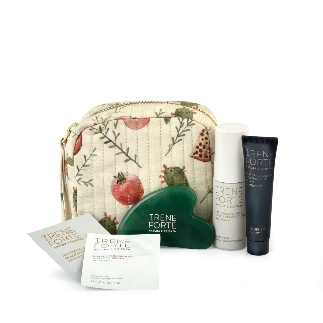 Irene Forte skincare product set with a floral-patterned pouch on a white background