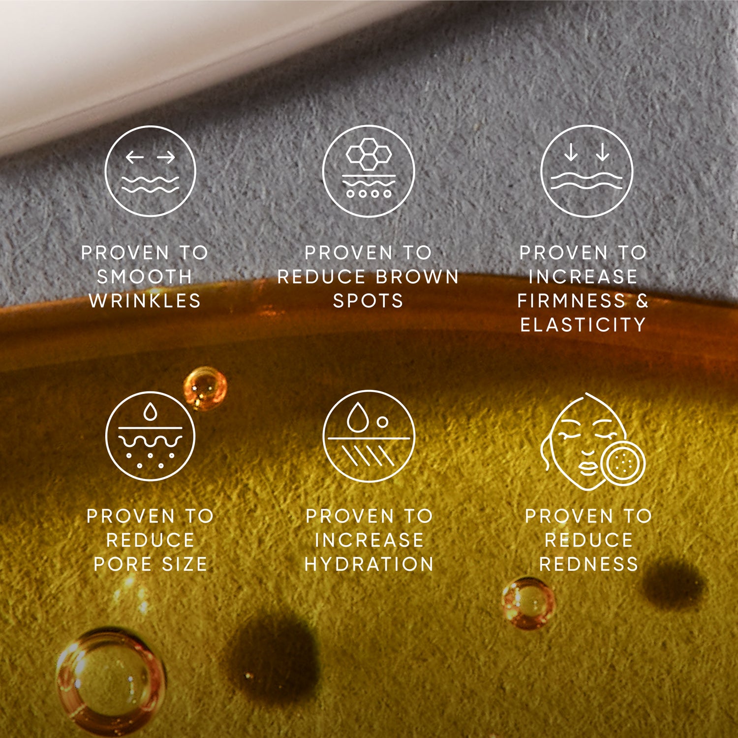 Cosmetic product with icons and text highlighting its benefits on a textured surface.