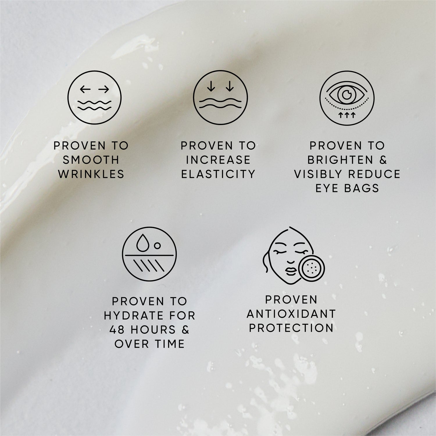 Skincare product with icons and text highlighting its benefits on a white background